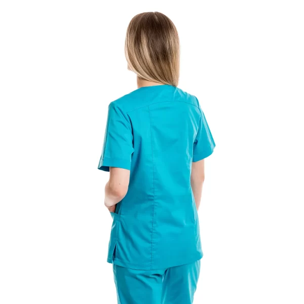 Moteriška žalsvai mėlyna medicininė pižama – tampri su elastanu (komplektas) WSS20CN iš nugaros