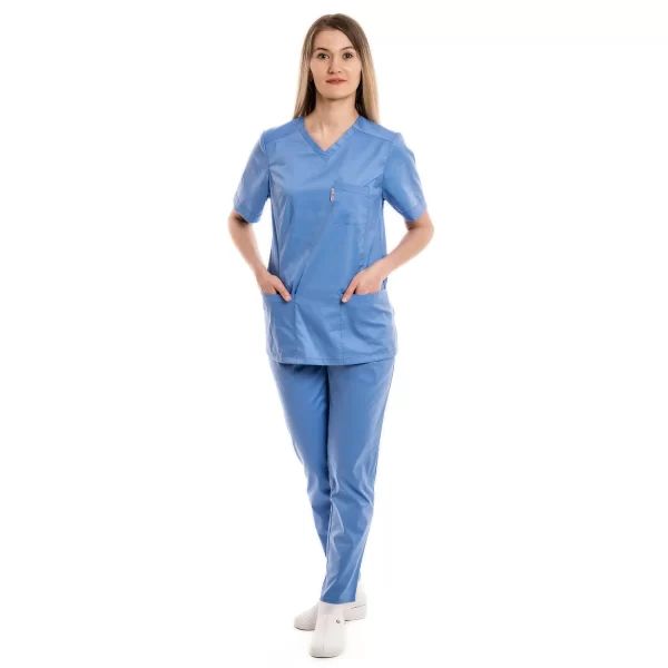 Moteriška žydra medicininė pižama – tampri su elastanu (komplektas) WSS20LB kelnės ir palaidinė