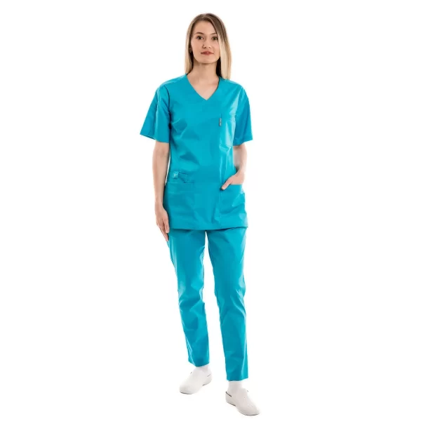 Moteriška žzalsvai mėlyna medicininė pižama – tampri su elastanu (komplektas) WSS21CN palaidinė ir kelnės