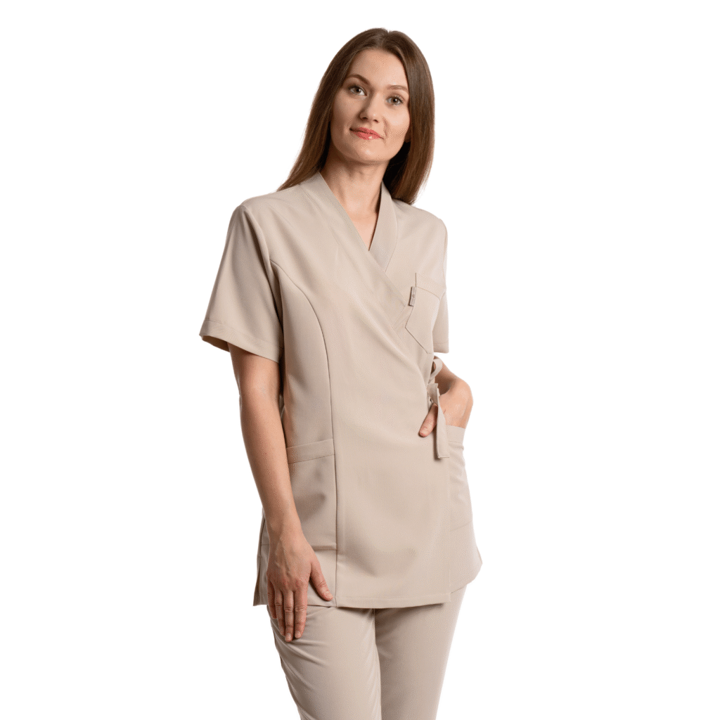 Smėlinė medicininė palaidinė-kimono su elastanu WST20BG, vaizdas iš priekio